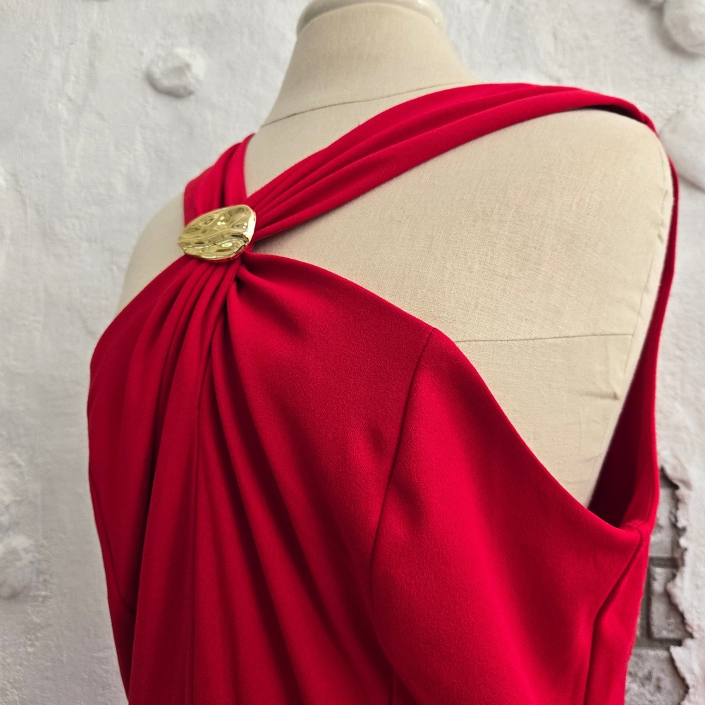 Elegant Red Halter Midi Dress with Gold Hardware Accent A-Line Formal Dress - Picture 13 of 16